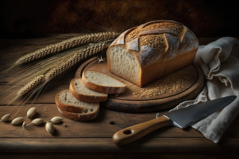 Getreide und aufgeschnittenes frisches Brot auf dunklem Hintergrund.